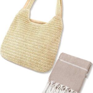 Crochet Beach Bag Set Woven Tote Turkish Towel Summer Vacation Gift for Women